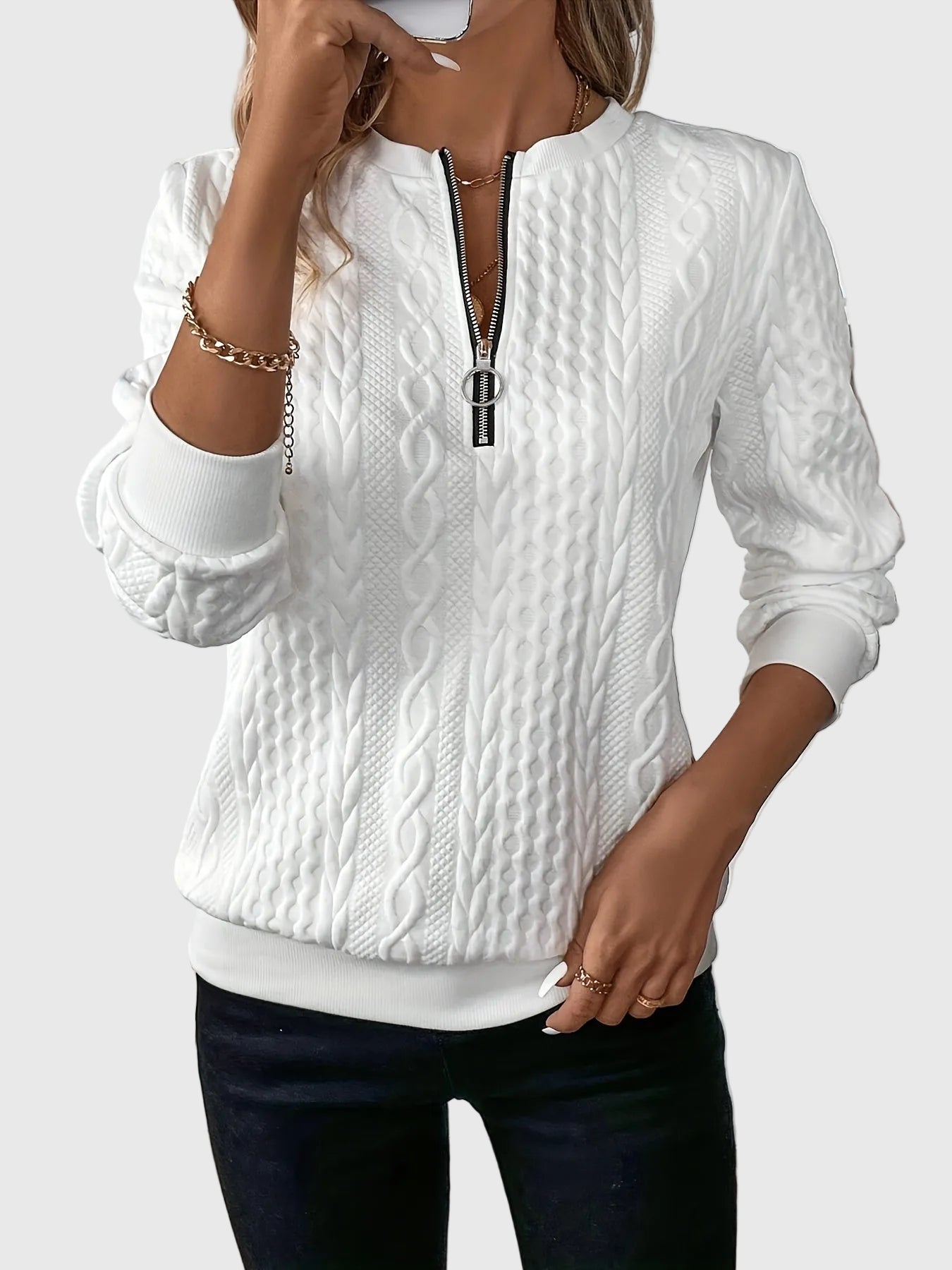 Minda | Women's Zip-Up Sweater with Braiding
